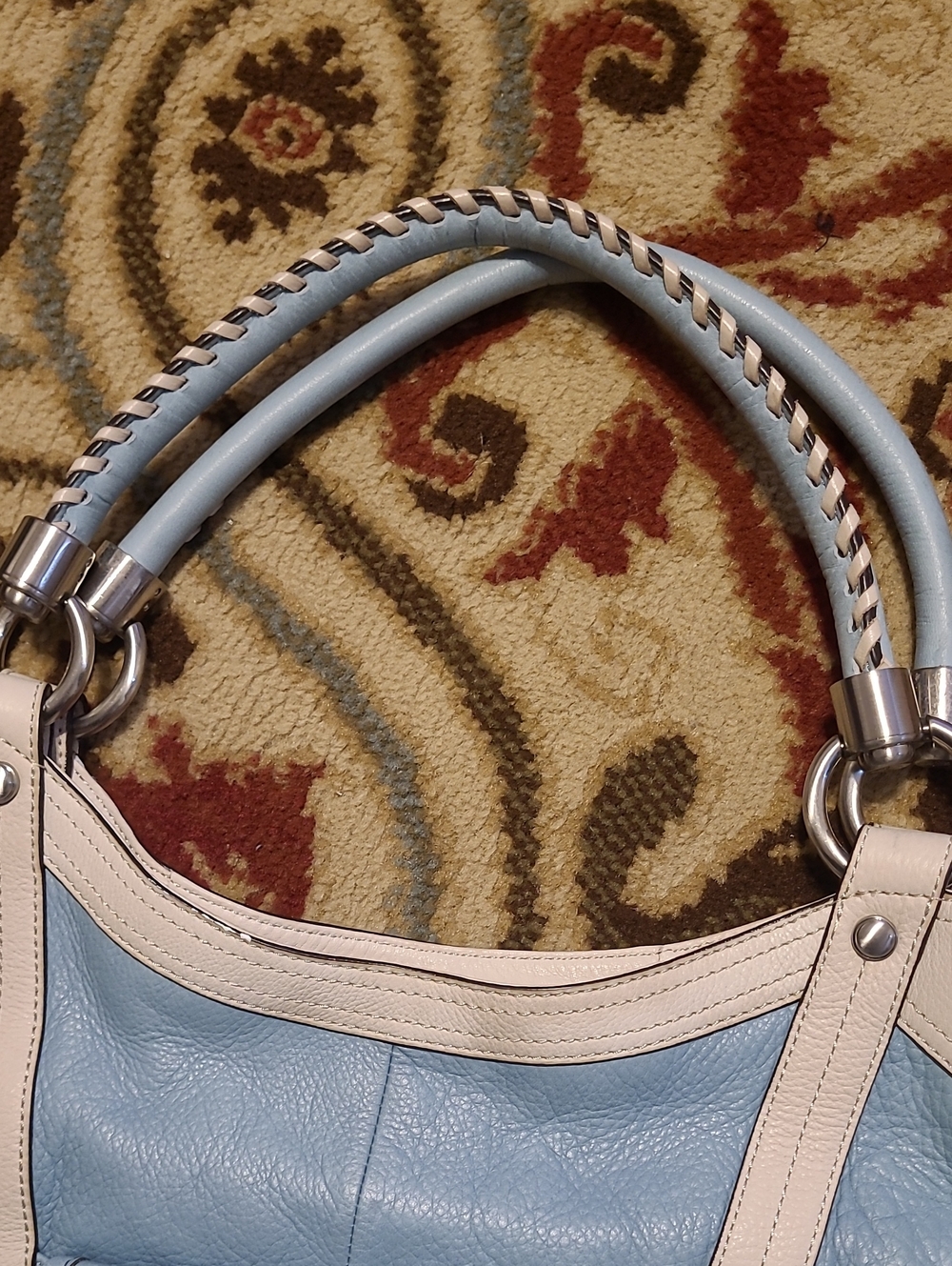 B. Makowsky Large Leather Hobo Satchel Sky Blue Cream Braided Rope Handles - Picture 5 of 16